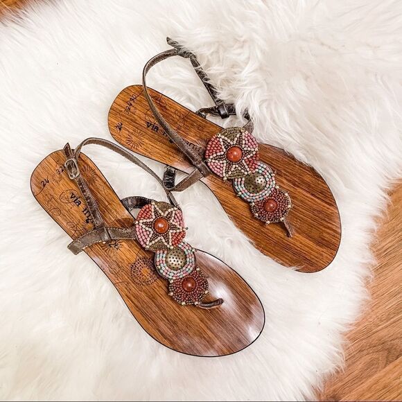 🍋 Via Imagina • Women’s Sequin Embellished Brown Leather Thong Sandals Size 7 - Picture 1 of 5